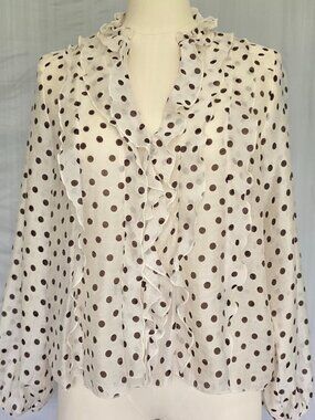 NWT Zara Ruffled Polka Dot Blouse Ecru Brown Sheer V-Neck Top Size S